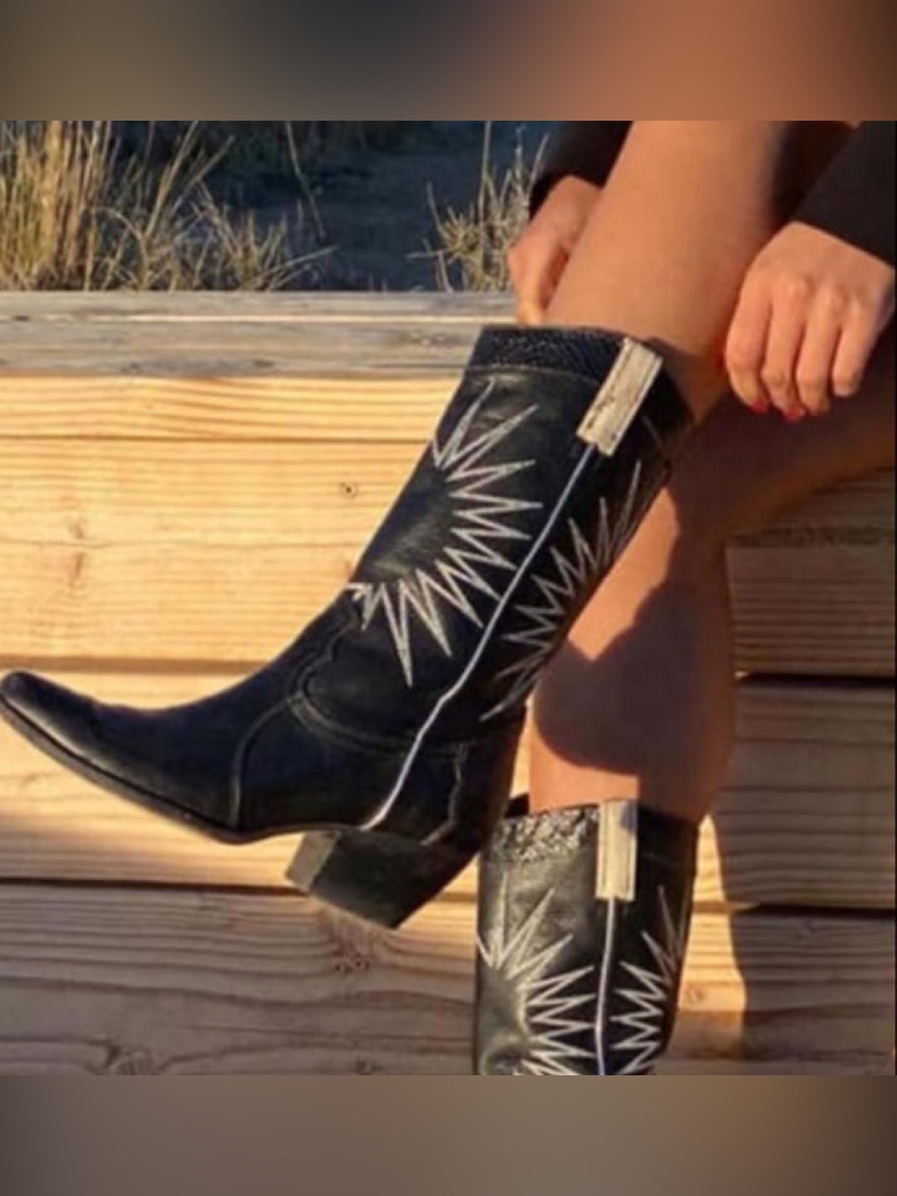Dolce Vita Lawson Black Western-Heel Pointed Toe Boots with White Stitching